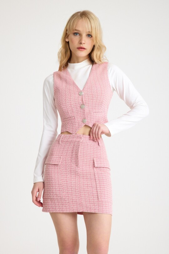 Rosa/Weißer Tweidrock mit seitlichen Taschen - BERFUĞ KIRAN