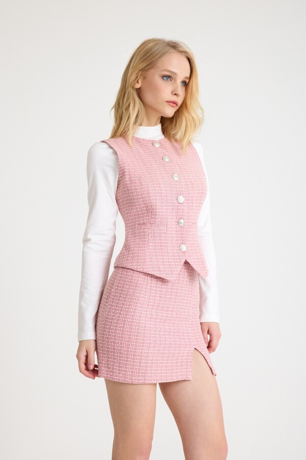 Pink and white crew neck tweed vest - 2