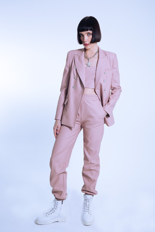 Pink Elastic Waist & Cuff Leather Pants - BERFUĞ KIRAN (1)
