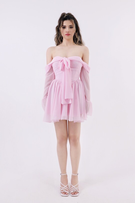 PINK FRONT-TIE LONG SLEEVE CHIFFON MINI DRESS - 5