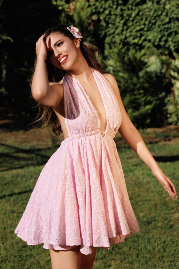 Pink open back halter neck broderie dress - 3