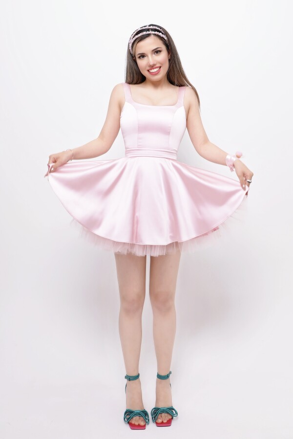 PINK STRAPPY MINI SATIN DRESS WITH TULLE HEM DETAIL - 2