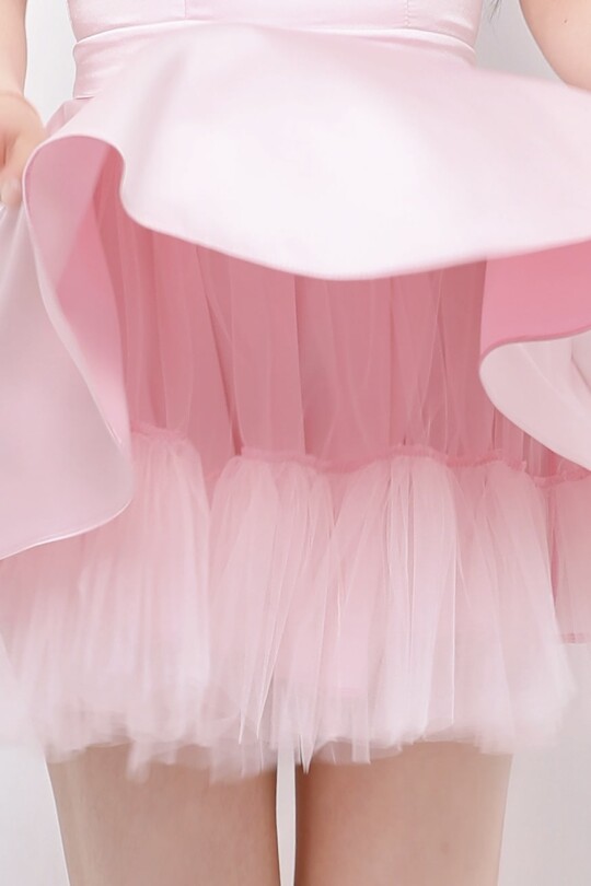 PINK STRAPPY MINI SATIN DRESS WITH TULLE HEM DETAIL - 6