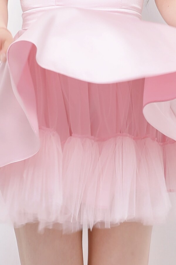 PINK STRAPPY MINI SATIN DRESS WITH TULLE HEM DETAIL - 6