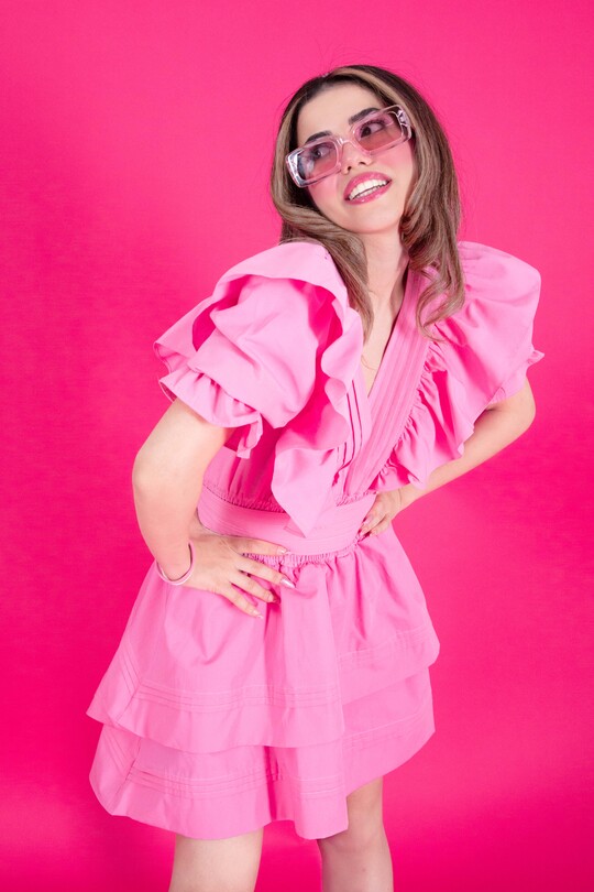 PINK TIERED MINI DRESS WITH PINTUCK DETAILS - 3