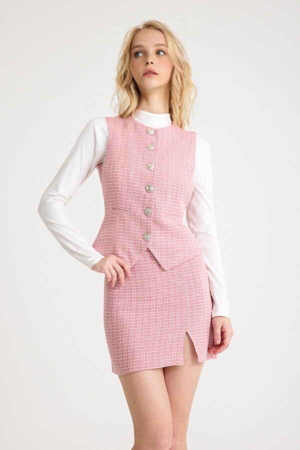 Pink/White Slit Mini Tweed Skirt - 2