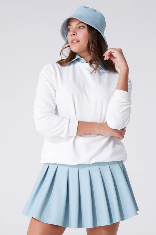 PLEATED LEATHER MINI SKIRT BABY BLUE - 2