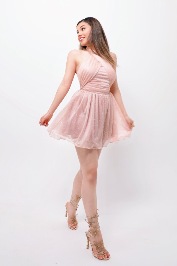 POWDER PINK STRAPLESS GLITTER MINI DRESS WITH WAIST TIE - 4
