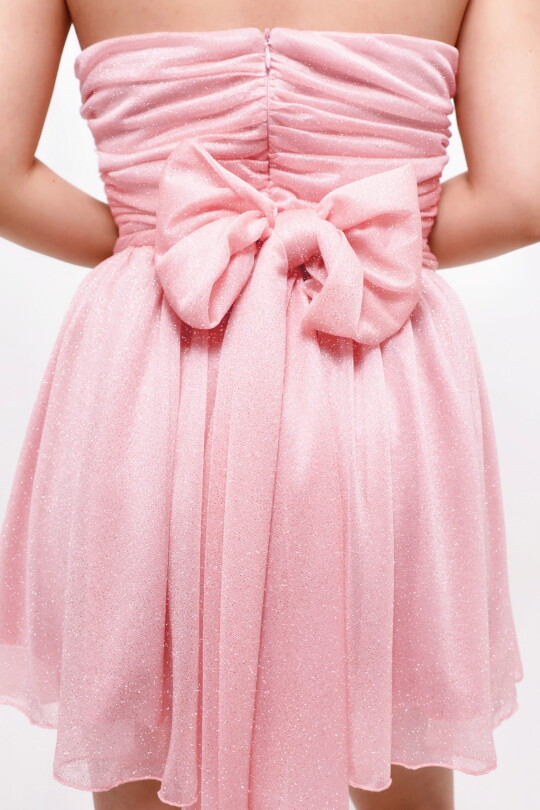 POWDER PINK STRAPLESS GLITTER MINI DRESS WITH WAIST TIE - 5