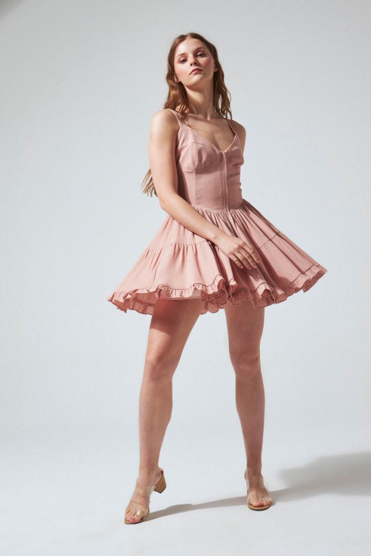 Powder V-Neck Thick Strap Dress with Ruffled Skirt - 1