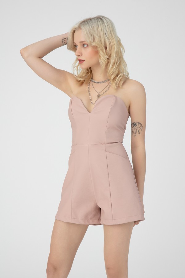 Puderfarbener Leder Jumpsuit mit Bindeband am Rücken - 2