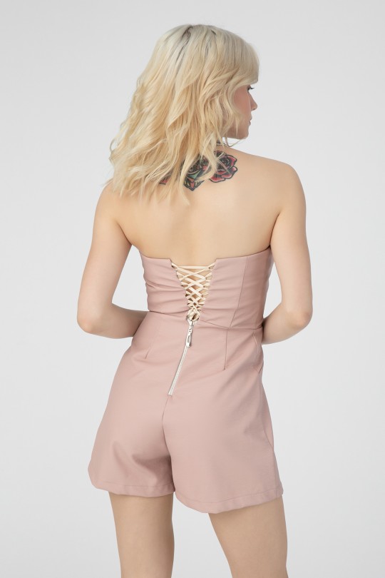 Puderfarbener Leder Jumpsuit mit Bindeband am Rücken - 3