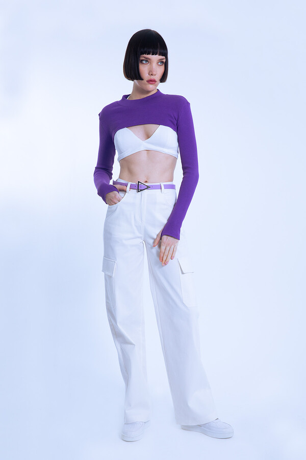 Purple Knit Short Crop Top with Thumbholes - 3
