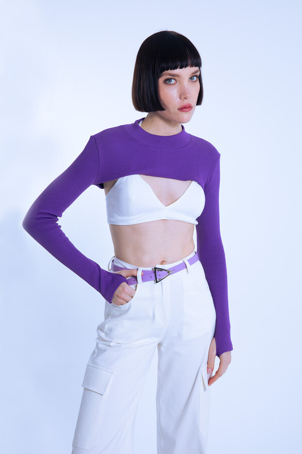 Purple Knit Short Crop Top with Thumbholes - 4