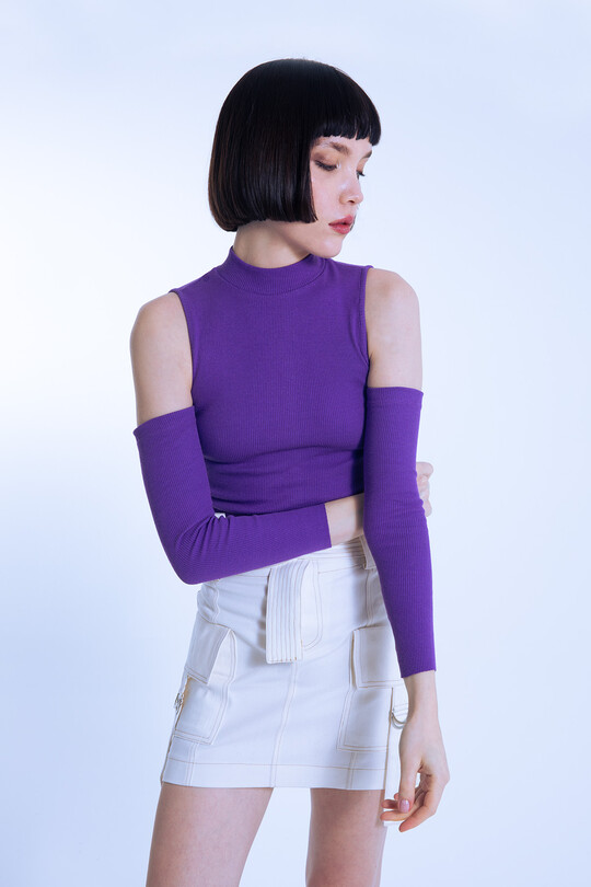 Purple Off-Shoulder Short Ribbed Blouse - 2