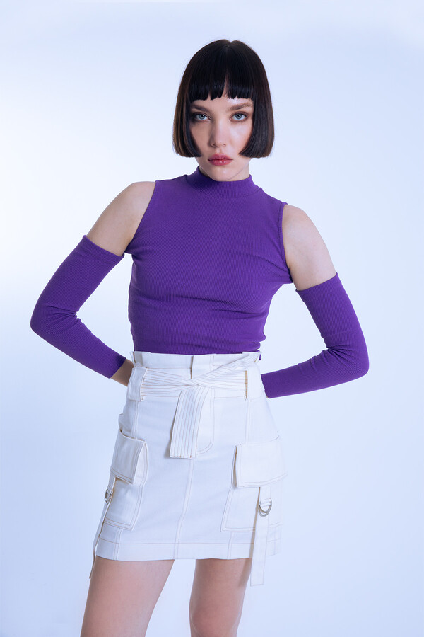Purple Off-Shoulder Short Ribbed Blouse - 3