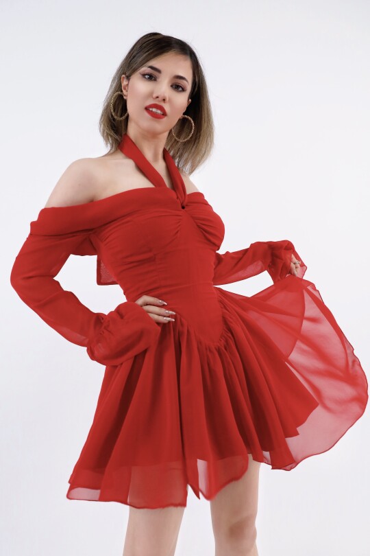 RED FRONT-TIE LONG SLEEVE CHIFFON MINI DRESS - 2