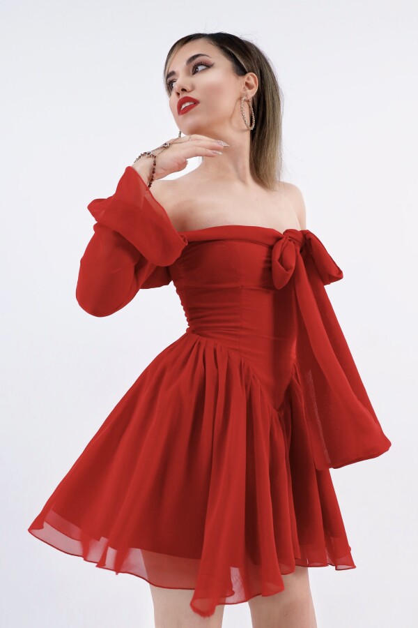 RED FRONT-TIE LONG SLEEVE CHIFFON MINI DRESS - 3