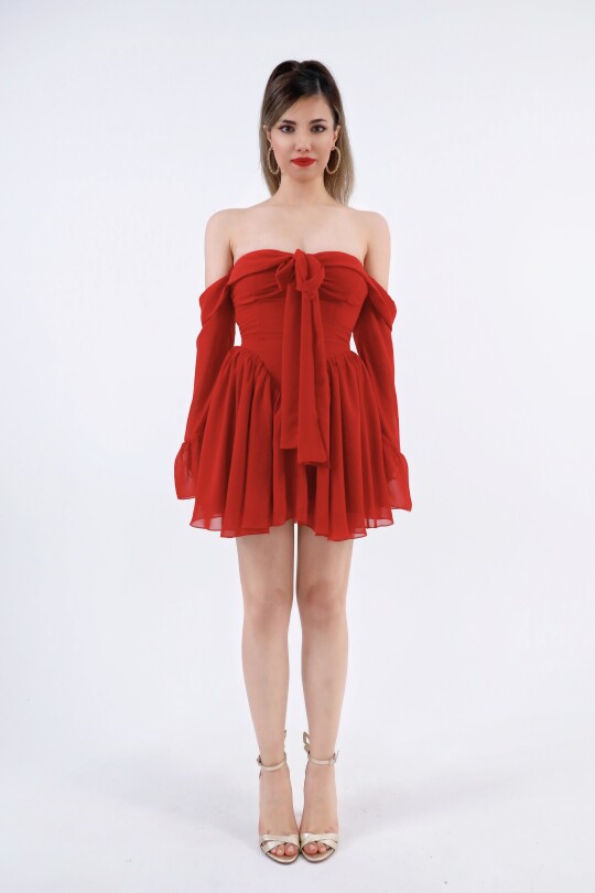 RED FRONT-TIE LONG SLEEVE CHIFFON MINI DRESS - 4