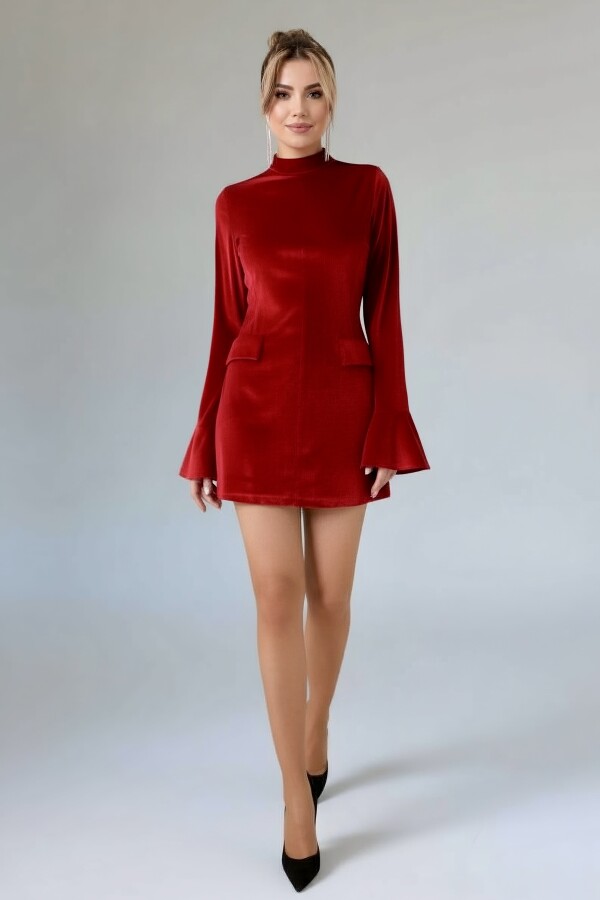 RED LONG-SLEEVED VELVET DRESS WITH POCKET DETAILS - 3