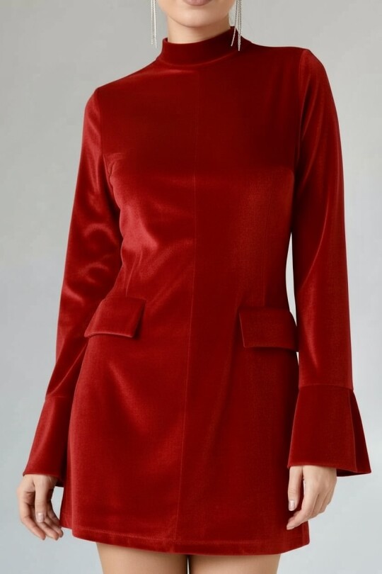 RED LONG-SLEEVED VELVET DRESS WITH POCKET DETAILS - 4