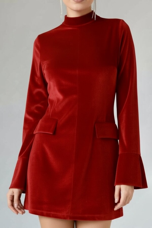 RED LONG-SLEEVED VELVET DRESS WITH POCKET DETAILS - 4