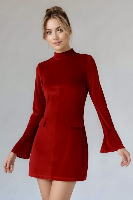 RED LONG-SLEEVED VELVET DRESS WITH POCKET DETAILS - 5