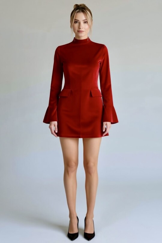 RED LONG-SLEEVED VELVET DRESS WITH POCKET DETAILS - 6