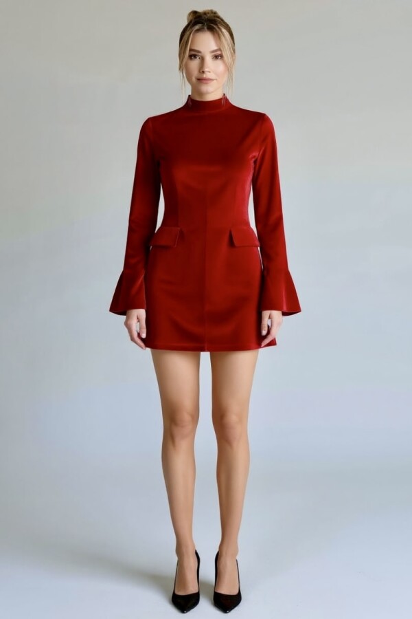 RED LONG-SLEEVED VELVET DRESS WITH POCKET DETAILS - 6