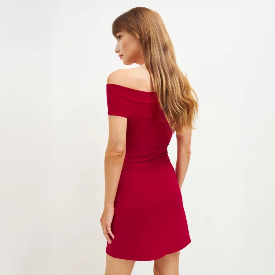 RED OFF-SHOULDER JERSEY DRESS WITH BUST DETAIL - 5
