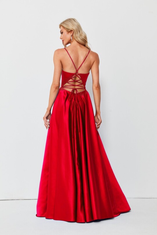 RED SATIN GOWN WITH CRISSCROSS OPEN BACK - 2