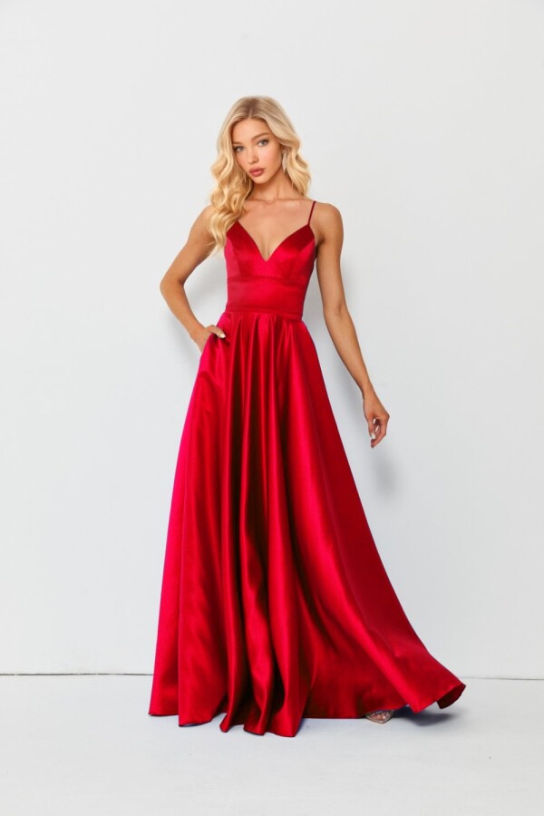 RED SATIN GOWN WITH CRISSCROSS OPEN BACK - 1