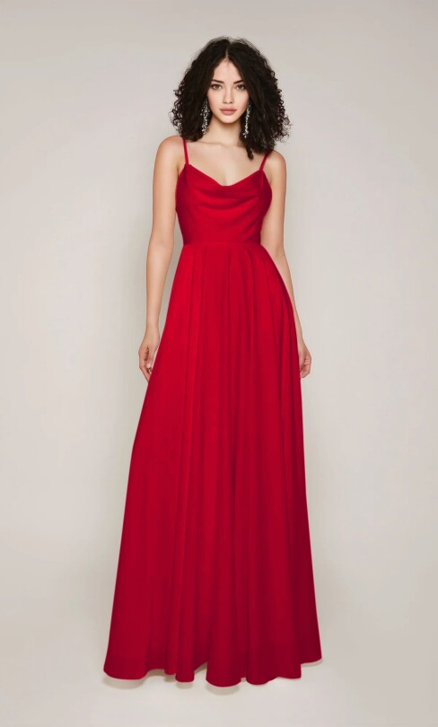 Red sleeveless evening dress with deep front neckline and long chiffon skirt 
