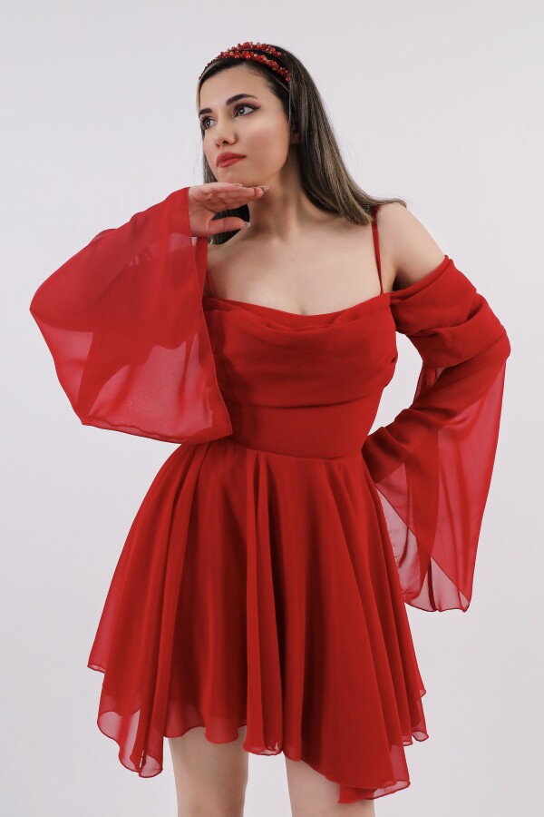 RED STRAPPY LONG-SLEEVE RUFFLED CHIFFON DRESS - 3