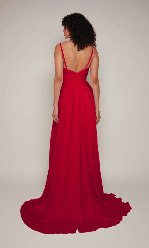 Rotes Chiffon-Abendkleid mit Trägern, tiefem Ausschnitt vorne und langem Schnitt - 2