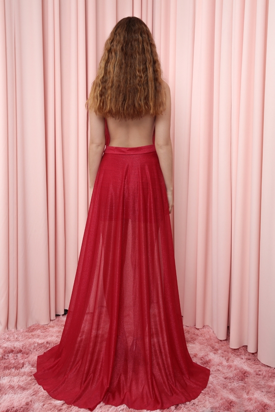ROTES KLEID MIT DRAPIERTEM RÜCKENAUSSCHNITT UND EXTRA ROCK - 2