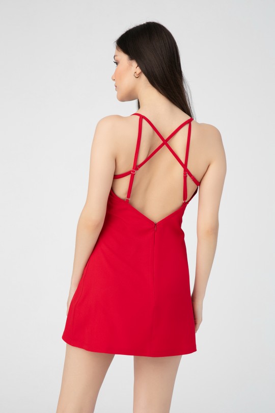Rotes Kleid mit Schlitz und Rückenausschnitt - 3