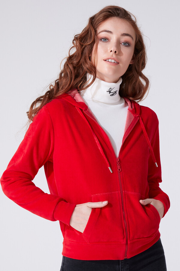 Rotes Samt-Sweatshirt mit Reißverschluss - BERFUĞ KIRAN