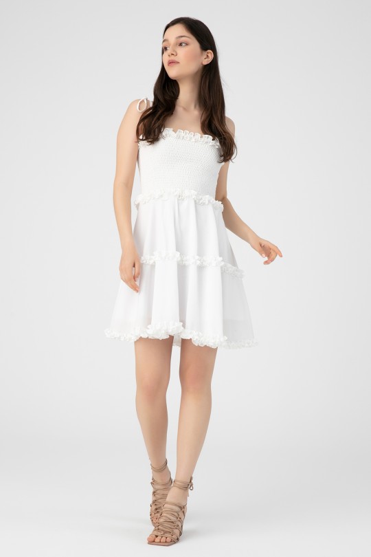 RUFFLED MINI DRESS-WHİT 