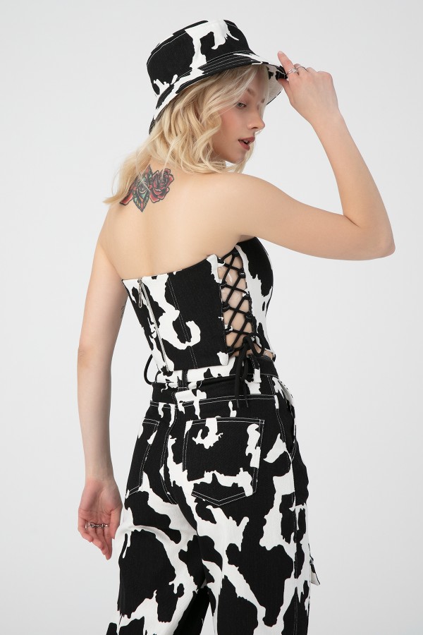 Schwarz-weißes Mila-Muster Bustier mit seitlichen Bindebändern - 2