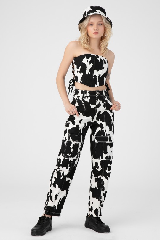 Schwarz-weißes Mila-Muster Bustier mit seitlichen Bindebändern - 3