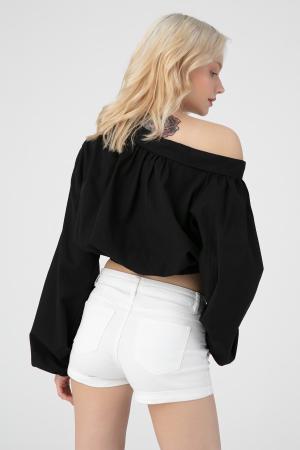 Schwarze Bluse mit überschnittenen Schultern und elastischem Bund - 2