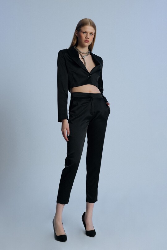 Schwarze Satin Cigarette Hose - 2