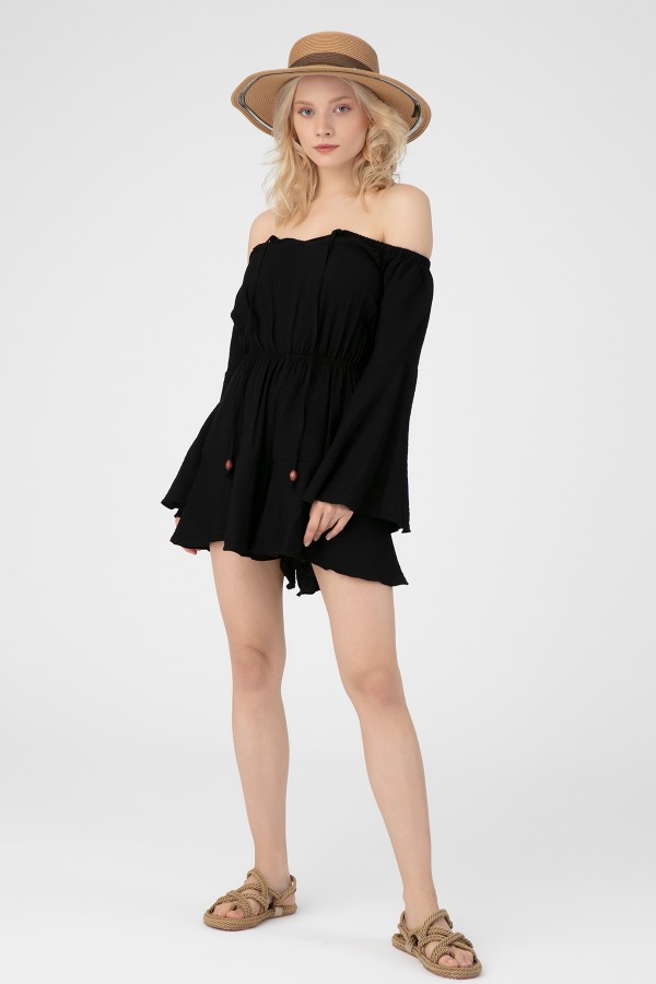 Schwarzer Brust mit Bindeband und elastischem Bund Jumpsuit - 1