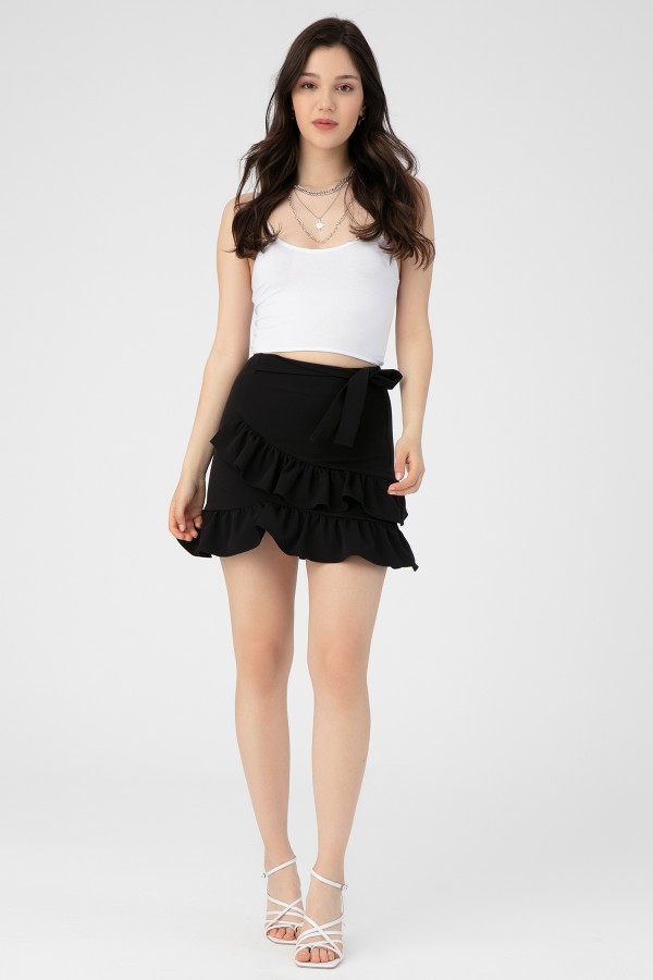 Schwarzer Hürrem-Rock mit Bindegürtel und Rüschendetails - 3