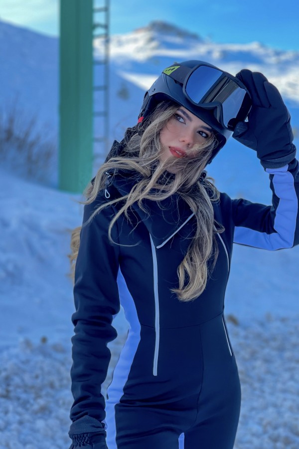 Schwarzer Skioverall mit weitem Bein und doppeltem Reißverschluss und Streifen - 5