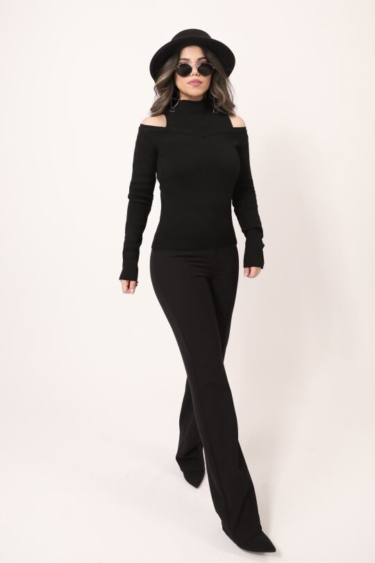 Schwarzer Strickpullover mit Kragendetail und schulterfreiem Design - 3