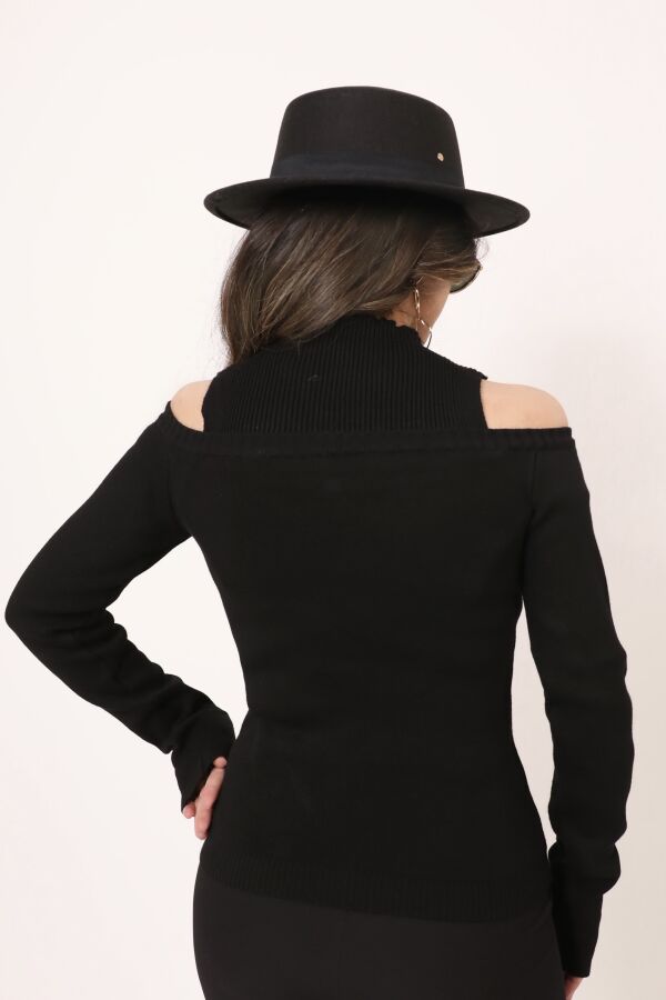 Schwarzer Strickpullover mit Kragendetail und schulterfreiem Design - 5
