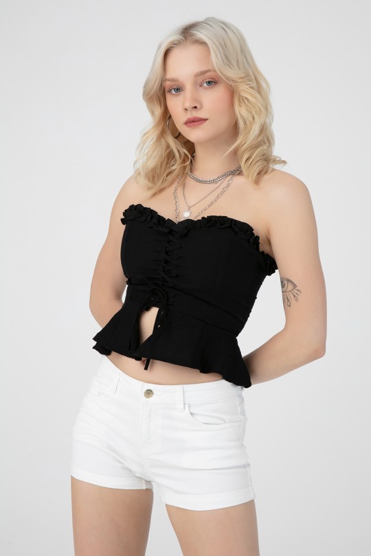 Schwarzer Bustier mit elastischem Rücken und vorn zum Binden - 1