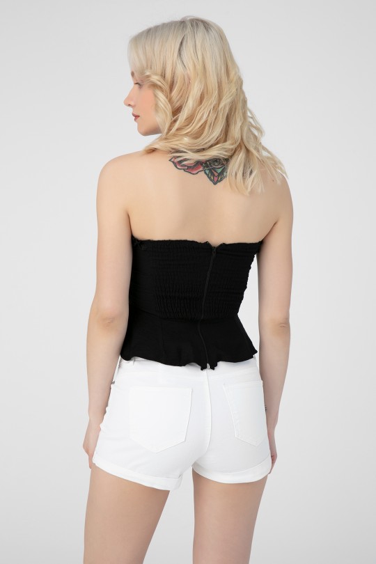 Schwarzer Bustier mit elastischem Rücken und vorn zum Binden - 3
